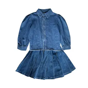 3-7Y Kids Girls Clothing Suit baby long Sleeve Denim Jeans Coat+Elastic Short Skirt 2Pcs Children Set
