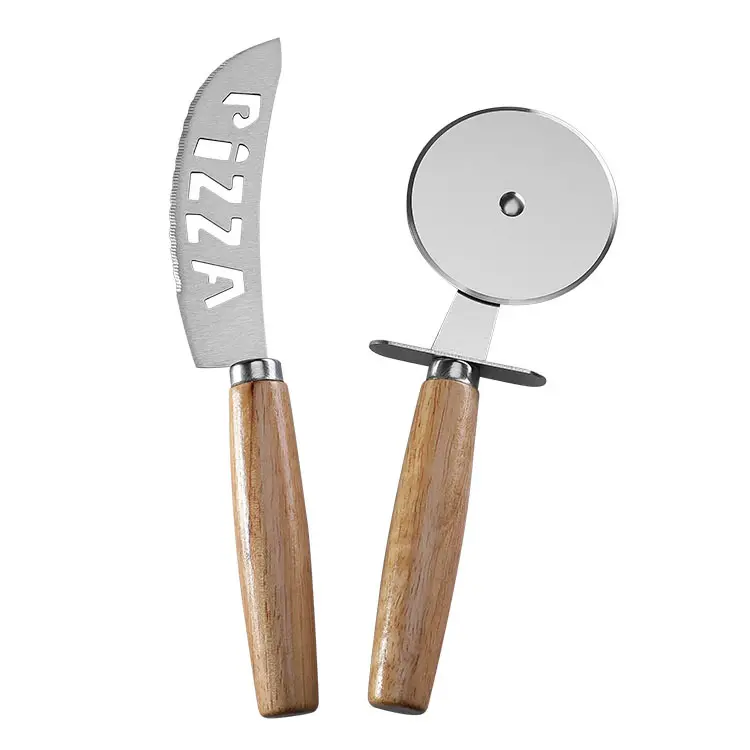 High Quality 2 Piece Set Rubber Wood Handle Stainless Steel Baking Tools Pizza Knife Pizza Cutter Wheel Kitchen Supplies
