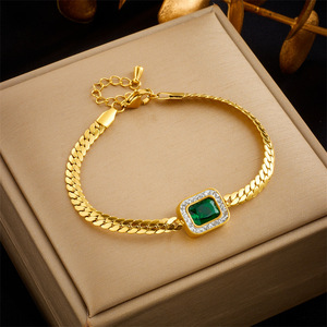 Vintage Square Emerald CZ 3Pcs Jewelry Set 18K Gold Plated Titanium Steel <b>Snake</b> <b>Chain</b> Necklace <b>Bracelet</b> Hoop Earrings - Product Image 3