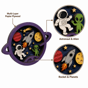 <span class=keywords><strong>Caja</strong></span> de Exhibición Personalizada con Diseño de Astronauta Espacial, Extraterrestre y <span class=keywords><strong>Saturno</strong></span> |   Escena de Cohete, Planeta y Luna Cortada con Láser en Madera Contrachapada de Álamo Multicapa - Product Image 2