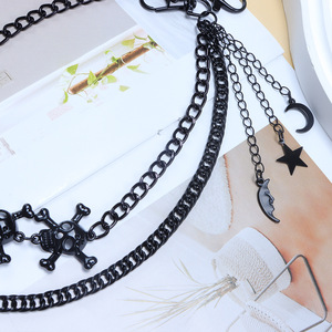 yueli Heavy Metal <b>Skull</b> Cross Double Layer Black Waist Chain With Moon Star Pendant Casual Hip Hop Fashion - Product Image 4