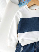 Ensemble de vêtements pour garçon, sweat-shirt en denim blanc et bleu patchwork, jeans déchirés, 2 pièces, décontracté, pour enfants