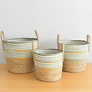 Handmade Rattan Woven <b>Basket</b> Round With Handles For Plant Storage And Organization Home Decor - Product Image 1