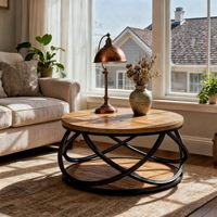 Table basse ronde à 2 niveaux Tribesigns, table centrale circulaire de 31,5 pouces, table d'appoint en grain de bois avec étagère de rangement et structure en métal croisé