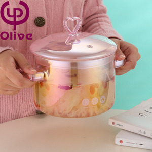 Couvercle de <span class=keywords><strong>pot</strong></span> de soupe binaural rose à double poignée à haute teneur en borosilicate pour gaz/électrique/céramique pour usage domestique ensemble de deux casseroles pour - Product Image 3