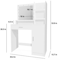 Table de maquillage blanche de style nordique avec miroir LED circulaire rétroéclairé et pieds en bois