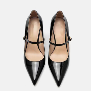 Sandalias de tacón alto con punta en pico y correa central con hebillas para mujer, zapatos de vestir de verano con tacón cubierto y charol, estilo sexy - Product Image 3