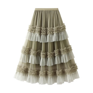 Jupe élastique en gaze taille haute plissée jupes longues en gaze assorties aux couleurs des femmes - Product Image 4