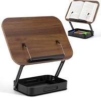 Support de livre en bois rotatif à 360°, réglable en hauteur, pliable, portable, avec clip latéral et espace de rangement pour livre de cuisine, recettes, ordinateur portable