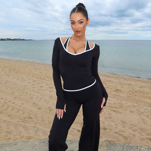 Camiseta de manga larga con cuello halter y contraste en blanco y negro para mujer, ajustada, sexy, top básico - Product Image 3