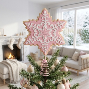Pink Frosted Cookie Snowflake Christmas Tree Topper Glitter Icing <b>Xmas</b> Crown Sweet Decoration Holiday Home - Product Image 1