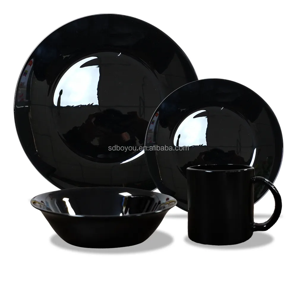 Black color factory supply modern design high quality opal glassware dinner plate tableware set