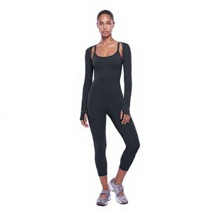 Combinaison de yoga sans couture à manches longues pour femme, col carré, legging longueur mollet - Product Image 1