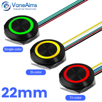 Interrupteurs à bouton-poussoir miniatures LED tricolores de 22 mm, en acier inoxydable, courts, ultra-minces, étanches, à action momentanée, câble 12V24V 1NO, métal noir