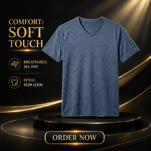 T-Shirt Premium da <span class=keywords><strong>Uomo</strong></span> 100% <span class=keywords><strong>Lana</strong></span> Merino con Scollo a V, Manica Corta, Blu Mélange, Sostenibile, Traspirante, Lussuosa, Casual, Maglietta Sportiva - Product Image 5