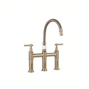 Robinet de cuisine en laiton à double poignée, finition or brossé, montage sur comptoir, douchette extractible, style classique - Product Image 1