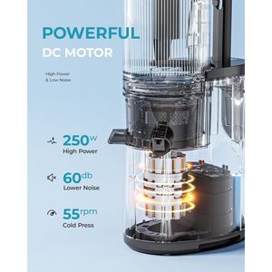 Extractor de jugos Euhome de prensado en frío con conducto de alimentación de 5.4 pulgadas, máquina de jugos de masticación lenta de 250W de alto rendimiento para jugos frescos de frutas y verduras. - Product Image 6