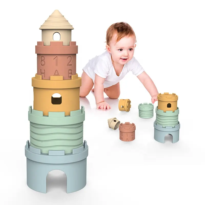 BPA 무료 실리콘 부드러운 성 빌딩 블록 치아 쌓기 Teether 어린이 교육용 아기 스태커 쌓기 장난감