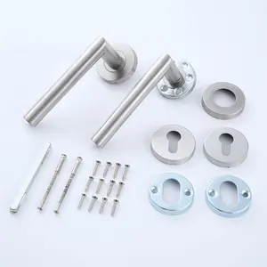 High Quality L-Shape Interior Inox Tubular Lever Door Handle On Round Rose With Cylinder Escutcheon