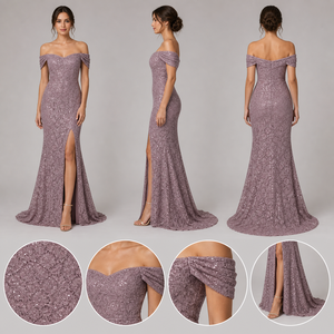 <span class=keywords><strong>Robe</strong></span> longue sirène en dentelle mauve poudré pour femme, épaules dénudées, manches courtes, fente haute, <span class=keywords><strong>robe</strong></span> <span class=keywords><strong>de</strong></span> <span class=keywords><strong>soirée</strong></span>, vente en gros - Product Image 3