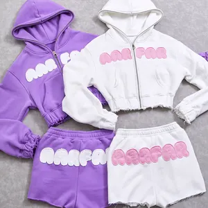 White Women's Clothing Plus Size Street Distressed Embroidered Zip Up Cropped Tracksuit 2 Piece Women Short Sweatsuit Set