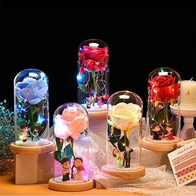 Eternal roses glass dome wedding home decoration artificial flowers Valentine's Day gift rose in glass dome with led light