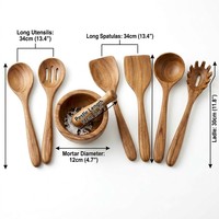 Ensemble d'ustensiles de cuisine en bois d'acacia de qualité supérieure, 7 pièces, mortier et pilon avec longues spatules et cuillères pour ustensiles de cuisson antiadhésifs
