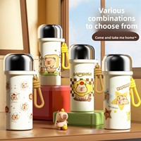 Gourde isotherme portable en acier inoxydable 316 pour enfants, motif capybara de dessin animé, avec paille double usage et isolation thermique de 6 à 12 heures, poignée intégrée