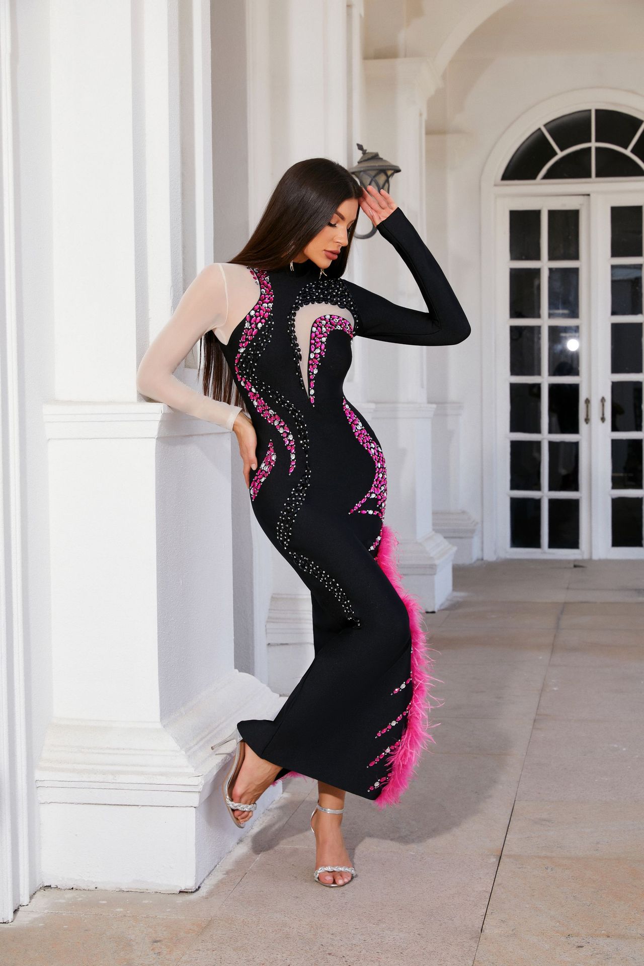 Black Evening Dress 2026 Hot Pink Feather Rhinestone Bandage Dress Glam  Bodycon Evening Gown Sexy Prom Party Spring Dress Women| Alibaba.com