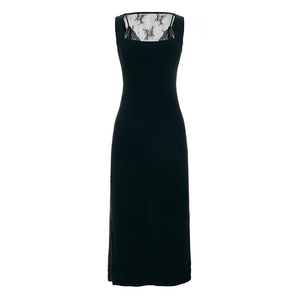 Robe longue élégante décontractée unie en maille sans manches avec empiècements en dentelle pour femme, taille haute, coupe ajustée, en maille transparente, style A-line - Product Image 6