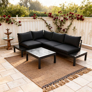 Ensemble de canapé d'extérieur en forme de L 5 places avec table basse, structure en métal thermolaqué, couleur personnalisable, coussins en mousse haute densité résistants aux intempéries - Product Image 1