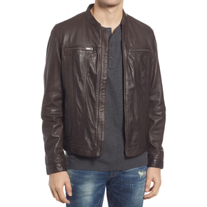 Chaqueta de cuero original de piel de oveja marrón oscuro para hombre, estilo casual de motero con cremallera, chaqueta de cuero de borrego para hombre, venta al por mayor. - Product Image 1