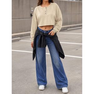 Sudadera Corta Personalizada para Mujer, Estilo Holgado, Cuello Henley, Manga Larga, Informal, para Hacer Ejercicio, Moda Otoñal - Product Image 5