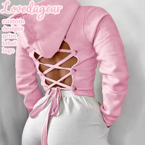 Sweat-shirt à <span class=keywords><strong>capuche</strong></span> court <span class=keywords><strong>noir</strong></span> et rose à manches longues tendance pour femmes, avec lien à nouer dans le dos, marque privée personnalisée Loveda - Product Image 1