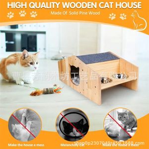 Casa para gatos de madera maciza con estación de alimentación y tapete rascador para gatos pequeños, forma rectangular, muebles multifuncionales para mascotas - Product Image 2