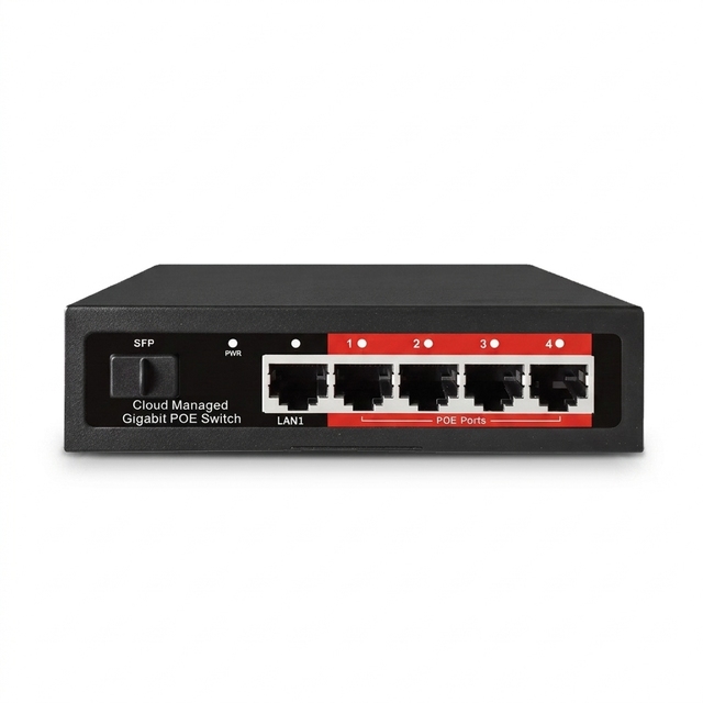 Cloud Managed 4 Ports Unmanaged 1000M Ethernet PoE Switch 52W SFP + Uplink VLAN AI Watchdog Supported Security 1.2Gbps