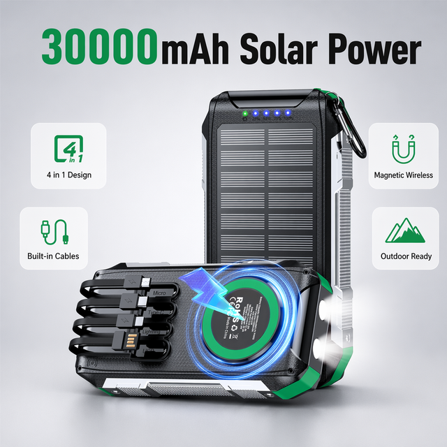 Universal Solar Power Bank 30000mAh Wireless Power Banks Built in 4 Charging Cables Multi-Charger Power Bank Power Station