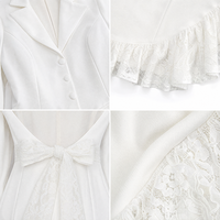 Robe mini blazer tendance pour femme, col à revers, manches longues évasées en dentelle, découpe au dos, nœud, ourlet à volants, simple boutonnage, vente en gros