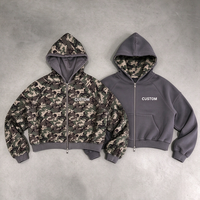 Sweat-shirt à capuche vintage en coton French Terry personnalisé, style streetwear hip-hop, de haute qualité, camouflage, double fermeture éclair, pour hommes