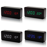 Montre numérique de voyage pour enfants, montre en bois Rectangle Led Table réveil contrôle du son avec calculatrice