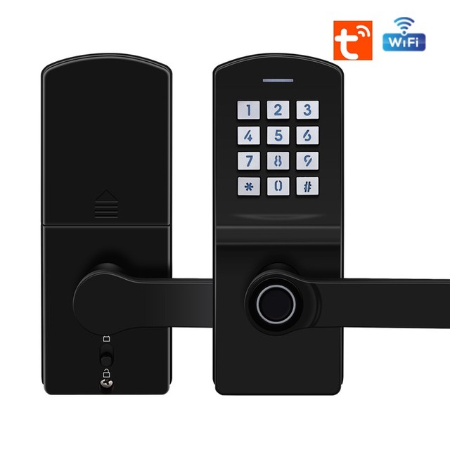 Tuya WiFi Cloud Key Card Password App Waterproof Fingerprint Sliding Smart Door Lock with USB Charging Port for Wood Door