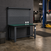 Banc d'atelier professionnel pour mécanicien avec rangement multi-tiroirs, armoire verrouillable, panneau perforé, prise de courant et table d'atelier