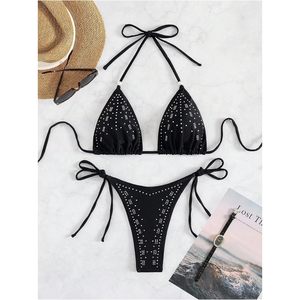 Maillot de bain bikini dos nu personnalisé pour femme, ensemble 2 pièces noir en Spandex extensible et Nylon, idéal pour les vacances à la plage - Product Image 3