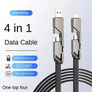Câble USB 4 en 1 Câble de données métallique 66W Type C pour iPhone 14 13 12 11 Pro Max X Câble de chargeur pour MacBook Pro Air iPad Samsung
