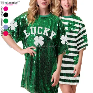 Großhandel Lager St. Patrick's Day Tunika-Top Minikleid Damen grünes Lächeln Gesicht glückliches Kleeblatt Pailletten-T-Shirt Kleider Damen