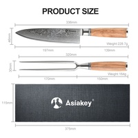 Ensemble de couteaux de chef en acier Damas Asakey avec manche en bois, couteau de cuisine et fourchette à viande, couteau à découper tranchant pour steak, barbecue et grillades