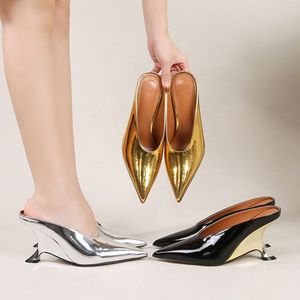 Sandales à bout pointu pour femme, talon haut, cuir PU brillant, mules tendance, chaussures à talons pour femmes 2024 - Product Image 5