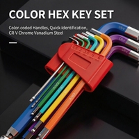 Set Kunci Hex Tipe-L Berkode Warna LXD, Ujung Bola, Baja CR-V, 9 Buah, Metrik, 1.5-10mm untuk Perakitan Furnitur