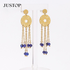 Boucles d'oreilles pendantes en forme d'étoile plaquées or pour femmes JUSTOP avec perles en saphir bleu, style bohème, bijoux de fête - Product Image 1