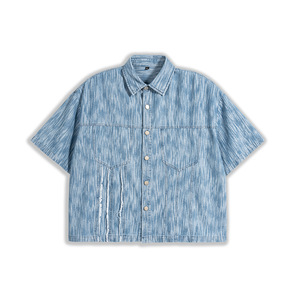 เสื้อเชิ้ตเดนิมทรงหลวมพิมพ์ลายสไตล์วินเทจสำหรับผู้ชาย ผ้าคุณภาพสูง ซักแล้วไม่เป็นขุย ใส่สบายสำหรับฤดูร้อน - Product Image 1